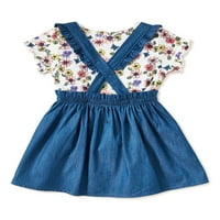 Wonder Nation Baby & Toddler Girls majica kratkih rukava i pinafore haljina, dvodijelni set odjeće, veličine 12m-5T