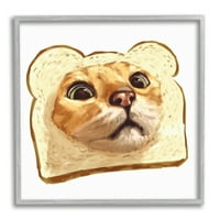 _ Glupo prugasto mačje lice, glava unutar tost kruha, slika u sivom okviru, zidni tisak, dizajn jivei li
