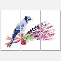 Dizajnerska umjetnost Plava ptica sojka na buketu ružičastog cvijeća tradicionalni zidni otisak na platnu