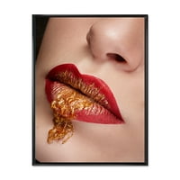Dizajnerska umjetnost izbliza usana sa zlatnom i crvenom šminkom Moderni uokvireni zidni otisak na platnu