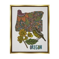 Stupell Industries Oregon State Flower Bird Grafička umjetnost Metalno zlato plutajuće uokvireno platno Umjetnost