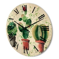 DesignArt 'tri kaktusa u glinenim posudama s tradicionalnim drvenim zidnim satom zelenih točkica