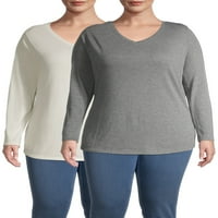 Terra & Sky Women's Plus Veličina dugih rukava svakodnevno esencijalna majica s V-izrezom, 2-pack