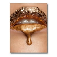 Dizajnerska umjetnost izbliza žene sa zlatnom šminkom za tekuće usne moderni zidni otisak na platnu